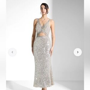 Never Fully Dressed Silver Sequin Cutout Maxi Dress
